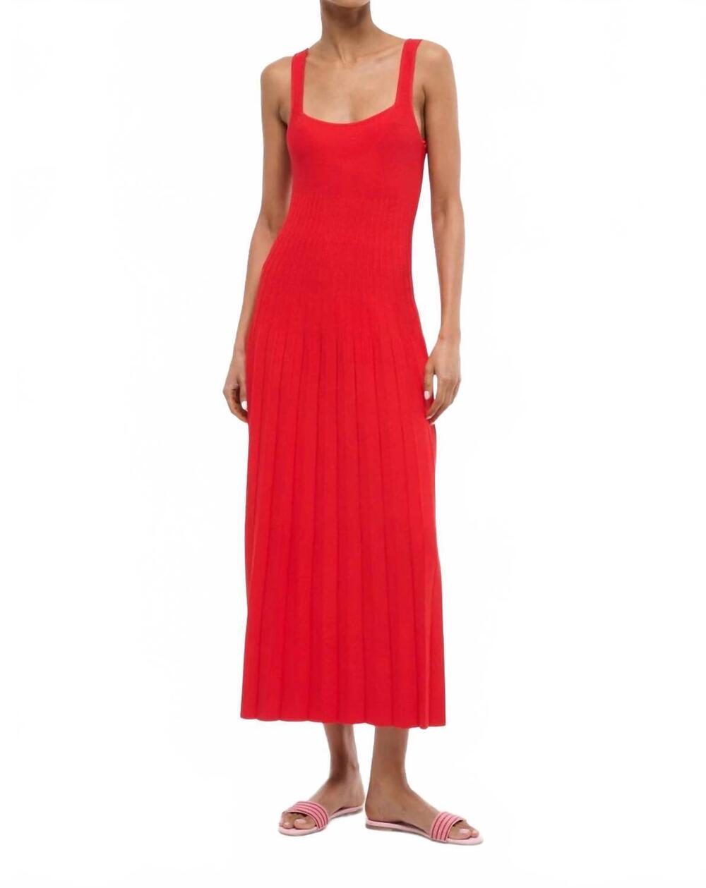 STAUD Red Ribbed Midi Tank Dress